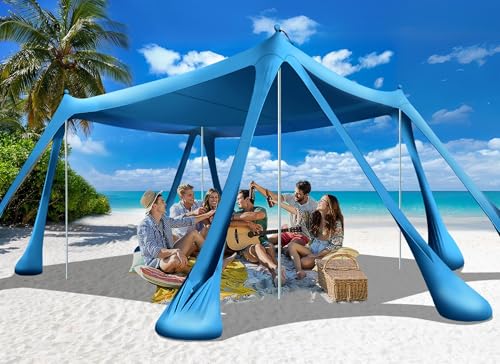 Beach Tent Sun Shelter Beach Canopy Tent Sun Shade Pop Up 10x10 UPF50+ with 8 Sandbags-2 Sand Shovel-Portable 4 Aluminum Poles-Ground Pegs-Easy Setup for Outdoor Family Camping Fishing Picnic - color: Royal Blue