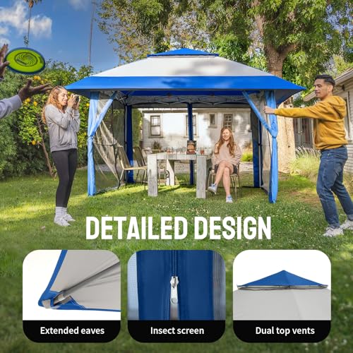 CROWN SHADES 13x13 Pop Up Gazebo, Canopy Tent, Gazebos on Clearance - Outdoor Gazebo for Backyard & Patio Furniture - Carpa Pop Up Tent with Wheeled STO-N-Go Cover Bag (Blue & Grey) - color: Blue & Grey, size: 13x13