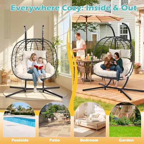 Double Outdoor Hanging Egg Chair with Stand & Oversized Cushion, 700LBS Capacity Heavy-Duty Patio Swing Hammock Chair, Thickened Metal Frame for Garden, Balcony, Bedroom (Beige, Grand) - color: Beige, size: Grand