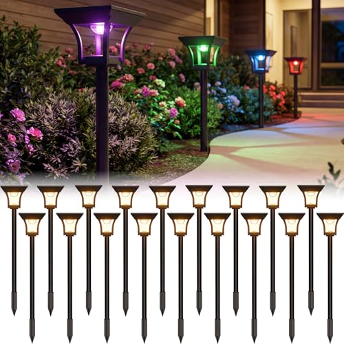 CINOTON 18 Pack RGBCW Solar Pathway Outdoor Lights, 3 Lighting Modes Solar LED Garden Lights, IP65 Waterproof Outside Solar Powered Landscape Lighting for Planter Lawn Pool Balcony RGB/Warm/Cold White - color: Multicolor, size: 18 Pack