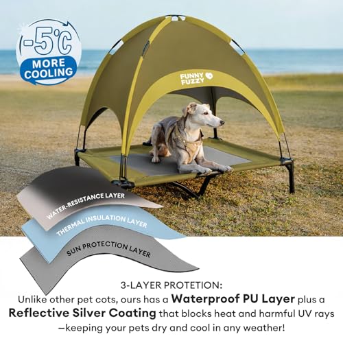 FUNNY FUZZY Elevated Dog Bed with Canopy, Green, X-Large (48"x36"x9") – Outdoor, Raised Pet Cot with UV Protection, Cooling Mesh, Indoor & Outdoor Use, Dog Cot for Large Dogs up to 120 lbs - color: Green, size: X-Large