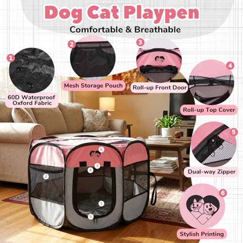 Foldable Puppy Playpen Indoor & Outdoor,Portable Small Dog & Kitten Playpen with Breathable Mesh,Easy Setup Pet Pen with Zipper Door & Carry Bag,Pop Up Puppy Playpen,Pink M - size: M