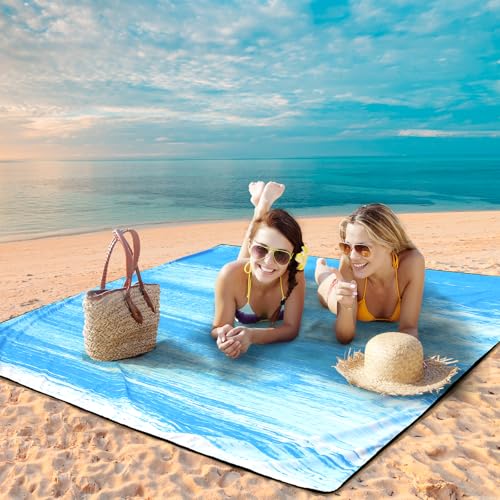 WIWIGO Beach Blanket Waterproof Sandproof Beach Mat 79" X 83"/10'x9'for 2-8 Adults Quick Drying Outdoor Picnic Mat Beach Accessories for Travel, Camping, Hiking - color: Blue-green Tinted Gradation, size: 79" X 83"（1-4person）