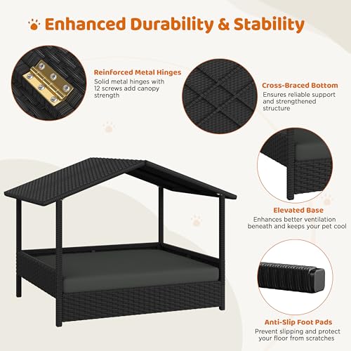 Yaheetech Wicker Dog House Outdoor Indoor with Canopy, Elevated Dog Shelter Dog Bed with Cushion for Small/Medium Dogs, Shade for Deck, Patio, Yard, Pool, Black House, Gray Cushion