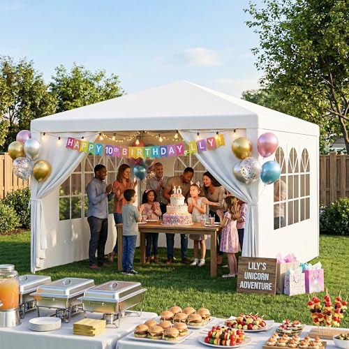 LEMY Party Tent,10'x10' Outdoor Gazebo Canopy Tent with Removable Sidewalls Windows,White Waterproof Heavy Duty Tent for Party,Wedding,Events,Beach,BBQ - size: 10' x 10'