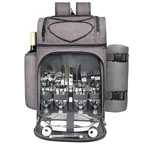 Hap Tim Picnic Basket Backpack for 4 Person with 2 Insulated Cooler Compartment, Wine Holder, Fleece Blanket, Cutlery Set, Wedding Gifts for Couples, Bridal Shower Gifts, Engagement Gifts(36079-G) - color: Gray, size: 4 Person