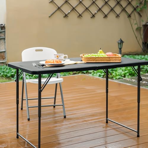 Byliable Folding Table 4 Foot Portable Heavy Duty Plastic Fold-in-Half Utility Table Small Indoor Outdoor Adjustable Height Folding with Carrying Handle, Camping and Party, Black - color: Black, size: 4FT