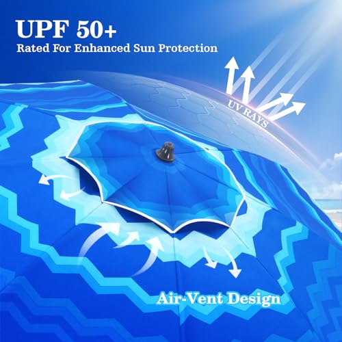 UIRWAY Beach Umbrella, Heavy Duty Windproof Beach Umbrellas with Sand Anchor & Tilt, Sun Protection Portable Beach Umbrella with Carrying Bag for Beach, Patio Garden Pool Outdoor - color: Ocean Wave Blue, size: 7.5FT