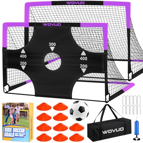 Kids Soccer Goals for Backyard Set of 2, 6x4 ft Portable Toddler Soccer Goal Training Equipment with Soccer Target, Ball, Cones, Soccer Net for Kids Age 3-5 6-8 8-12 10-12-14 Outdoor Sports Games Gift - color: Black Purple