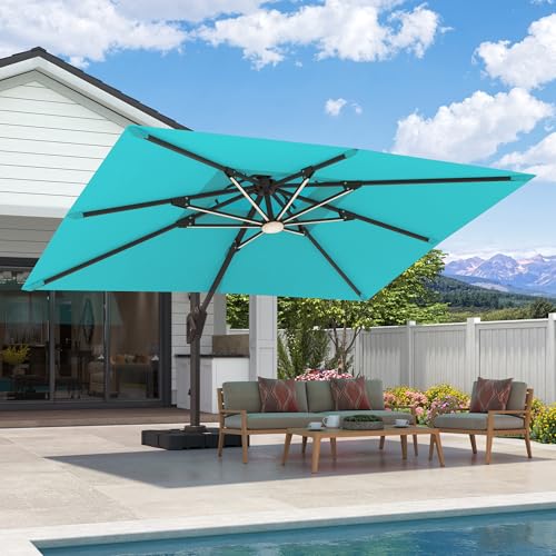 9x12 FT Cantilever Patio Umbrella with Base and Led Lights Double Top Outdoor Rectangular Large Heavy Duty Aluminum Offset Umbrellas with 7 Level Tilt 360-degree Rotation for Pool Garden Deck, Turquoise - color: Turquoise, size: 9' X 12'-with Light & Base
