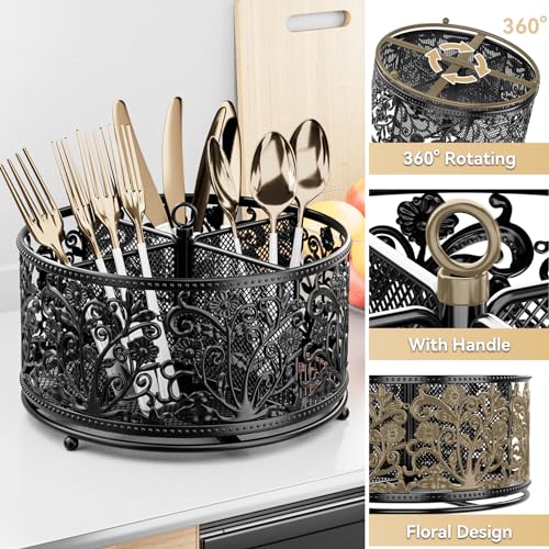 YIUKEA 360° Rotating Utensil Caddy - Silverware Cutlery Caddy Holder with 4 Compartment, Metal Flatware Organizer Countertop with Handle for Party Camping Picnic, Kitchen Counter, Office (Black) - color: Black