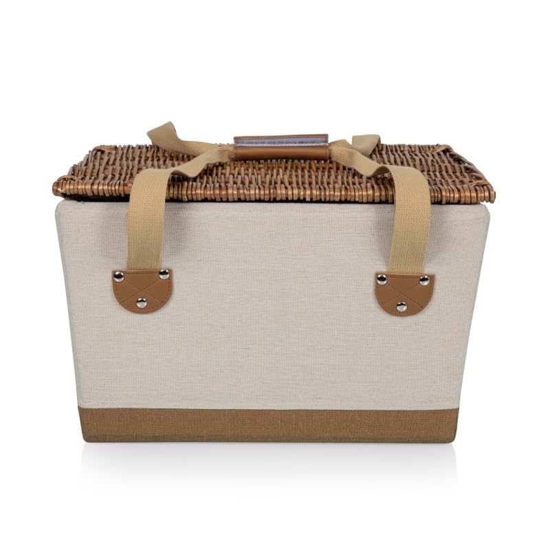 Picnic TIME Boardwalk Picnic Basket, Romantic Vintage English-Style Wooden Basket, Complete Deluxe Service for Four with Durable Canvas and Handwoven Lid - color: White With Bees and Lemon Pattern for 2