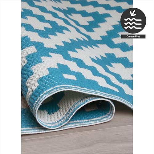 FH Home Outdoor Rug - Waterproof, Fade Resistant, Reversible - Premium Recycled Plastic - Geometric - Large Patio, Deck, Sunroom, Camping, RV - Aztec - Teal & White Crease Free - 6 x 9 ft - color: Aztec - Teal & White, size: 6' x 9' (Rectangular)