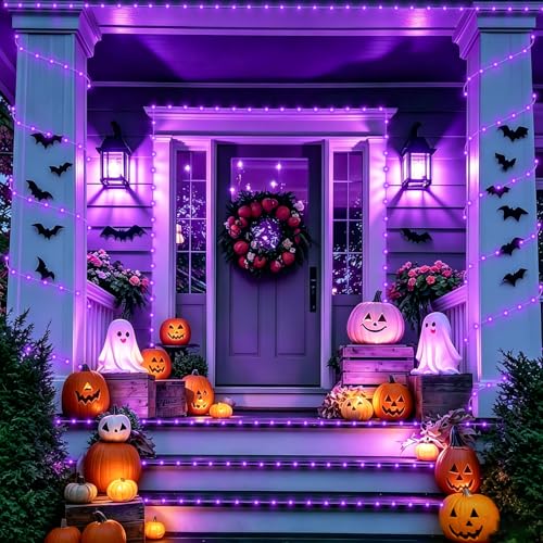 YEGUO Purple Solar Halloween Lights, 66ft 200 LED Solar Rope Lights Outdoor Waterproof, 8 Modes Fairy Lights in Clear Thin Tube - color: Purple