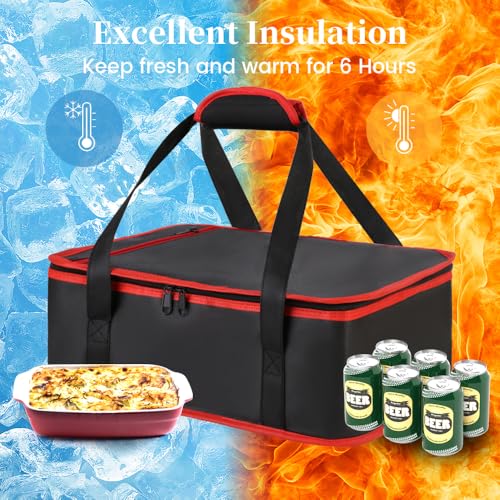 Bodaon Insulated Casserole Carrier for Hot or Cold Food, Fits 9"x13" and 11"x15" Baking Dish with Lid, Insulated Carriers for Transport, Travel Food Warmer Container Bags (Single Decker, Black-Red) - color: Black-Red Edge