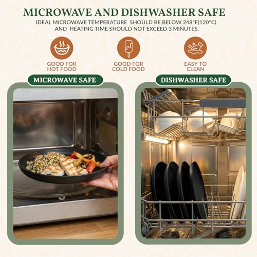 Homienly Wheat Straw Plates Unbreakable Deep Dessert Plates Set of 8 Plastic Plates Reusable Microwave Safe Plate for Kitchen Camping Party Dishwasher Safe Stackable Appetizer Plates (8in, Black) - color: Black, size: 8 inch