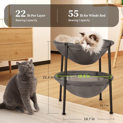 JUNSPOW Double Cat Bed Grey, Breathable Kitty Bed for 2 Cats with 4 Adjustable Feet & Anti-Slip Mats, Easy Assembly Cat Hammock for Multi-cat Household, Indoors & Outdoors, 22.8 in x18.7 in x 18.7 in - color: Grey, size: 18.7"L x 18.7"W x 22.8"Th (Mesh)
