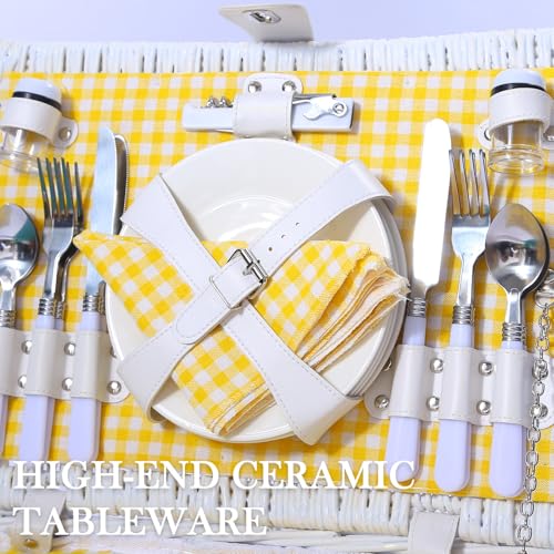Neti Neti Wicker Picnic Basket for 4 with Insulated Cooler & Waterproof Blanket – Large Willow Picnic Hamper for Outdoor, Camping, Beach, Romantic Dates, Valentine’s Day - color: Yellow Plaid