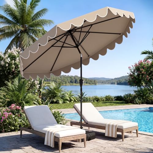 Tangkula 10 FT Patio Umbrella with Base Included, 2-Tiers Outdoor Scalloped Table Umbrella with 2 Sandbags, Tilt Adjustment, Crank, 8 Ribs for Market Backyard Pool Deck Beach Lawn - color: Tan, size: 10 FT