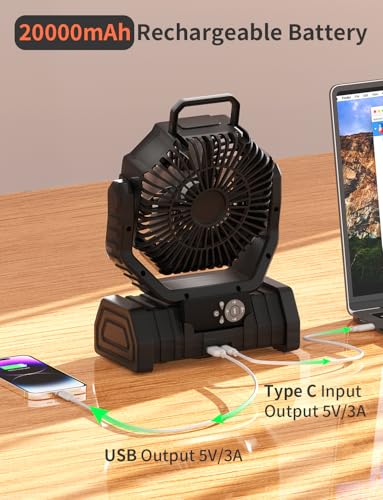 Battery Operated Fan Portable Battery Powered Outdoor Camping Tent Fan with LED Lantern Light 20000mAh Rechargeable, Oscillating, 360° Rotating Hanging Hook, Cordless USB Desk Fan(Black)