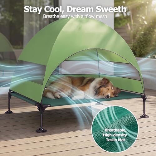 Elevated Dog Bed with UV-Proof Canopy, Outdoor Dog Tent with Powerful Adjustable Feet, Portable Pet Cot with Wider Shade, Raised Cooling Bed for Camping, Patio, Beach, Poolside - color: Green, size: Large: 42.0"L x 30.0"W x 33.0"Th