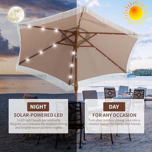GDY 7.5 ft Fringe Patio Umbrella with 18 LED Solar Lights ，Stylish Fringe Decor for Graden, Pool, Beach, Deck, Khaki - color: Camel+18 Lights, size: Umbrella Only