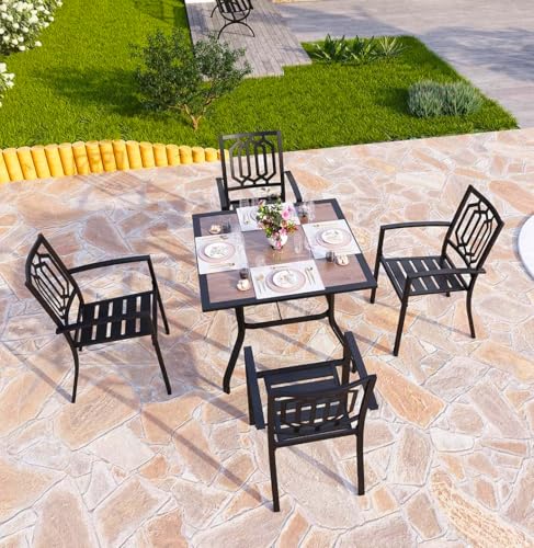 PHI VILLA 5 Piece Outdoor Dining Set for 4, 37" Square Metal Table with Polywood Top & Stacking Wrought Iron Chairs, Outside Furniture for Patio, Deck, Yard, Porch - color: Hexagon Back Chair, size: 5PCS-37" Wood Top Table