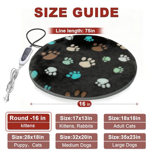 GOLOPET Cat Heating Pad Round 16in,Waterproof Outer Skin and Smart Thermostat Switch, Adjustable Heated Cat Bed, Adding Wire Rope Wires Small Dog Warming Pad-Black - size: 16.0"L x 16.0"W x 0.5"Th