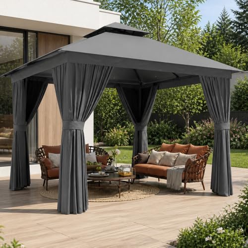Aoxun 10'x10' Outdoor Gazebo, 50mm Heavy-Duty Steel Frame Double Roof Canopy, Waterproof Polyester Patio Pavilion with Curtains and Netting for Backyard Garden, Gray - color: Dark Gray, size: 10 X 10