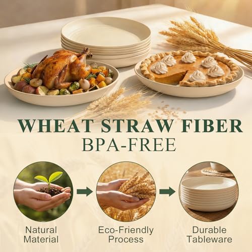Large Dinner Plates Set for 8, Wheat Straw Plate 11 Inch, Unbreakable & Lightweight Serving Plates, Microwave & Dishwasher Safe Big Plate for Restaurant, Camping, Kitchen - Beige - color: Beige, size: 11 Inch