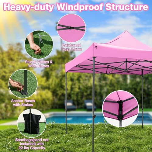 Tangkula 10x10 FT Pop Up Canopy, Instant Setup Outdoor Tent with Heavy-Duty Carbon Steel Frame, Wheeled Bag, 4 Sandbags, 8 Stake, 4 Ropes, Portable Canopy Tent for Parties Events Camping (Pink) - color: Pink