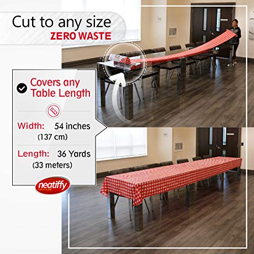 Neatiffy Disposable Plastic Table Cloth Roll | 54 in x 108 Ft Waterproof Tablecloth | Table Cover for Rectangle, Square, Round Oval Tables | Picnic, Party, Banquet, Birthdays, Weddings, Red Checkered - color: Red Gingham