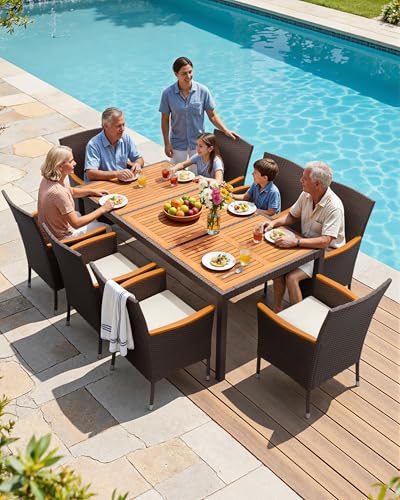 Flamaker 9 Piece Patio Dining Set Outdoor Acacia Wood Table and Chairs with Soft Cushions Wicker Patio Furniture for Deck, Backyard, Garden (Brown) - color: Brown, size: 9 Piece