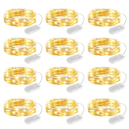 Minetom 12 Pack Fairy Lights Battery Operated String Lights - 7ft 20 LED Waterproof Silver Wire Firefly Light Waterproof for DIY Crafts Wedding Décor Table Mason Jars Party - size: 12 Pack - Warm White