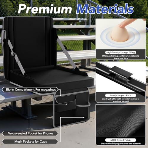 Stadium Seats with Back Support 2PACKS Adjustable Bleacher Chairs with Back and Cushion Bleacher Seat with Cup Holder, Carry Handle & Shoulder Strap for Outdoor Sports Events, Picnics, Beaches - color: 2pc Black&grey, size: Xl-large