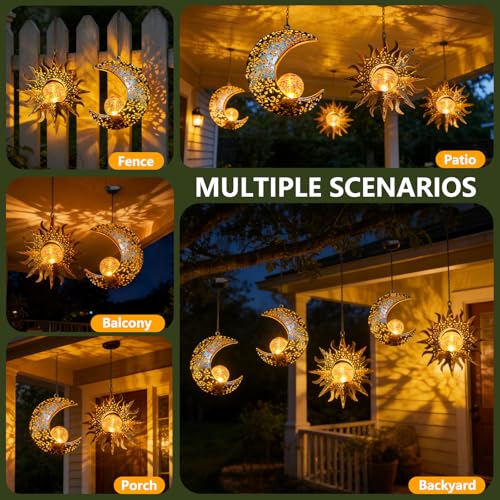 Solar Hanging Sun and Moon Lights Garden Outside Decor,2 Pack Metal Lanterns Outdoor Sunflower Art Decorations for Porch Backyard Patio Wall Tree,Unique Gardening Gifts for Women Mom Grandma
