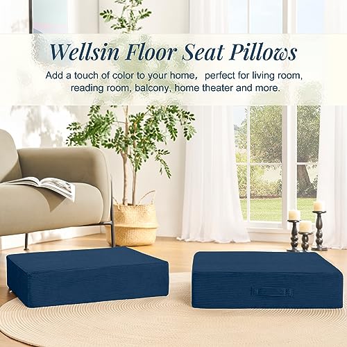 Wellsin Solid Square Floor Pillows for Adults Kids - Large Meditation Floor Pillow Seating Cushion with Thick Foam & Washable Velvet Cover, 1 Pack, 22x22x5 Inch, Dark Blue - color: Navy Blue, size: 1 Pack (22"x22")