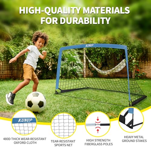 2 Set Kids Soccer Goals for Backyard with Training Equipment, Portable Foldable Practice Nets with Ball, Dice & Mat, Cones, Air Pump and Carry Bag for Toddler Youth Outdoor Sports Game - color: Blue, style: 5x3FT