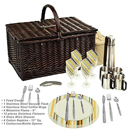Picnic at Ascot Buckingham Willow Picnic Basket with Service for 4 and Coffee Service - Blue Stripe - color: Brown Wicker- Santa Cruz Plates/Napkins