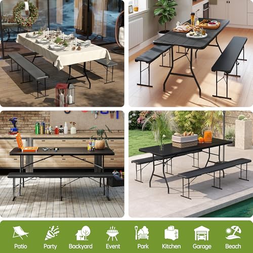 Real Relax 6' Picnic Table with 2 Benches, 3 Piece Black Wood Grain Portable HDPE Folding Camping Table and Benches for Courtyard, Garden, Outdoor Leisure, Party - color: Black
