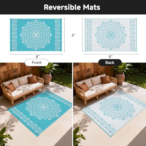 Pauwer Waterproof Outdoor Rug 5x8, Reversible Plastic Straw Patio Camping Rug, Indoor Outdoor RV Mat Carpet for Deck, Camper, Porch, Balcony, Backyard, Picnic, Floral Teal - color: Floral Teal, size: 5' x 8' (Rectangular)