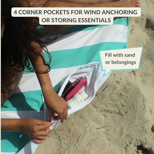 Plush Microfiber Beach Blanket, Extra Large Beach Mat for 3-6 Persons, Sandproof, Windproof | Hole for Umbrella, Corner Sand Pockets to Fight Wind (Bag for Blanket Included) - color: Teal & Stripes, size: X-Large