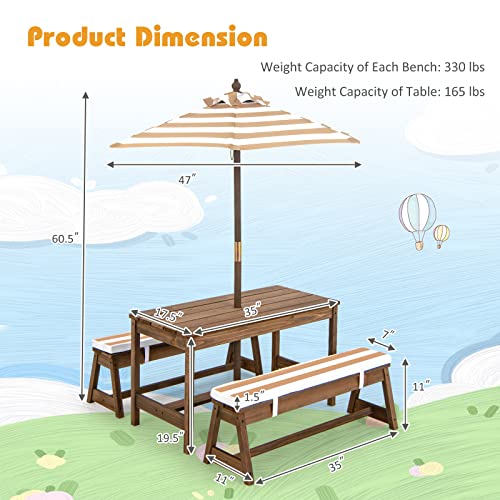 KOTEK Kids Picnic Table with Umbrella Foldable, Backyard Wooden Table & Bench Set w/Removable Cushions, Activity Art Play Table, Indoor Outdoor Toddler Picnic Table for Patio, Lawn & Garden (Brown) - color: Brown