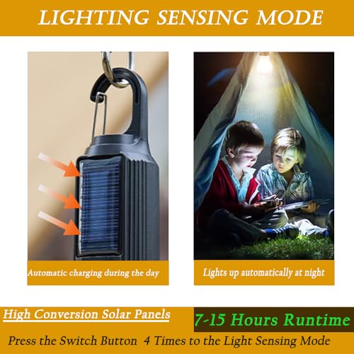 Solar Camping Lights Hanging Hooked Tent Lantern Outdoor USB Rechargeable Bulb Lamp with Clip Hook Keychain 3 Lighting Modes for Christmas Decorations Hiking Backpacking Warm Light 2 Pack