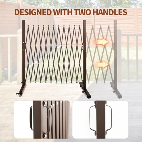 TECSPACE Aluminum Expandable Garden Fence, Portable Barricade Gate with Casters, Adjustable Retractable Fence Mobile Barricade Safety Barrier (Brown, 130×15×41 inch) - color: Brown, size: 126×15.2×40.6 Inch