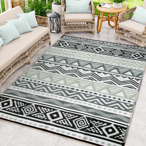 Lahome Outdoor Rug Waterproof, 5x8ft Reversible Outdoor Plastic Straw Rug for Camping, RV Patio Rugs Outside Carpet for Porch Deck Backyard Balcony Picnic(Grey/Black,5'x 8') - color: Black/Grey, size: 5'x8'