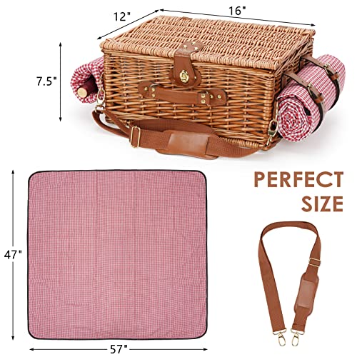 Picnic Basket for 2, Picnic Baskets with Waterproof Blanket, Picnic Hamper Set with Washable Beach Mat & Large Insulated Cooler Compartment, Handmade Natural Wicker Hamper for Camping, Outdoor Party - style: RedCheck-2P