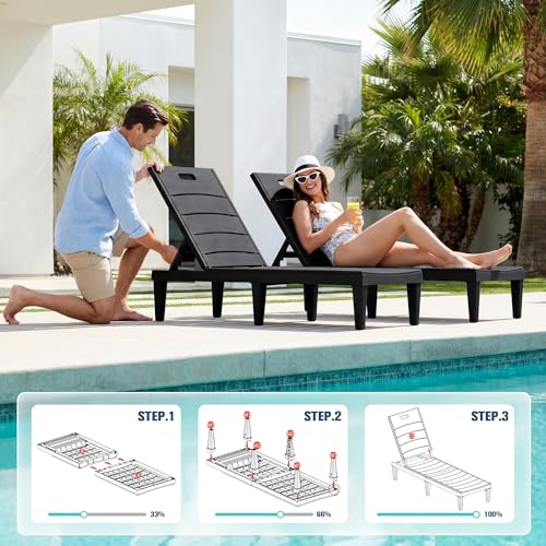 Devoko Outdoor Chaise Lounge Chair Set of 2 with 5-Position Adjustable Back, Waterproof & Lightweight PP Lounge Chairs for Outside Pool Patio (Black) - color: Black, size: 72 in Depth