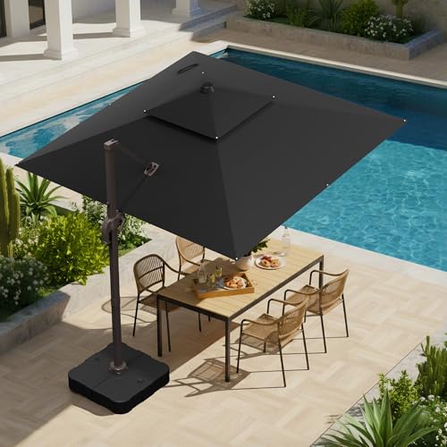 10x10 FT Patio Umbrella with Base, Large Cantilever Double Top Heavy Duty Offset Umbrellas with 360° Rotation, Outdoor shade for Garden Deck Pool, Black - color: Black, size: 10x10 FT with Base