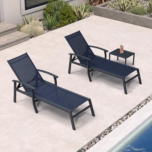 PURPLE LEAF Chaise Lounge Chair Outdoor 2 Pieces Pool Lounge Chairs 5 Adjustable Position with Armrests and Side Table Aluminum Patio Lounge Chair for Outside Backyard Beach Pool, Deep Blue - color: Deep Blue, size: Standard